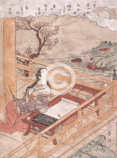 Beauty on a Balcony, Gazing at the Moon, between c1765 and c1770. Creator: Suzuki Harunobu.