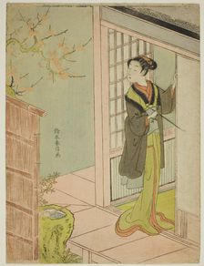 Beauty Admiring a Bush Warbler Singing in a Plum Tree, c. 1767/68. Creator: Suzuki Harunobu