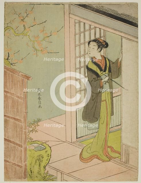 Beauty Admiring a Bush Warbler Singing in a Plum Tree, c. 1767/68. Creator: Suzuki Harunobu.