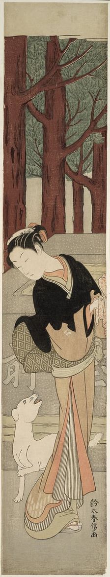 Beauty and a White Dog at a Shrine, c. 1769. Creator: Suzuki Harunobu