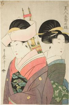 Beauty and Attendant on New Year’s Day, from the series "Pleasures for Beauties on the..., c. 1800. Creator: Kitagawa Utamaro