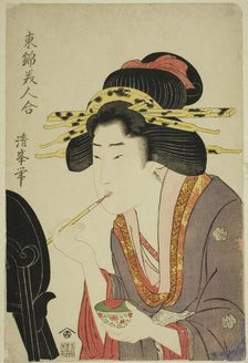 Beauty applying rouge, from the series "Comaprison of Beauties in Eastern Brocade...c. 1804/10. Creator: Torii Kiyomitsu II