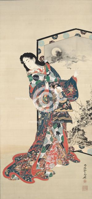Beauty Before a Screen, 1800s. Creator: Kawanabe Kyosai (Japanese, 1831-1889).
