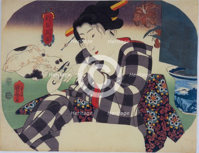 Beauty cutting her nails. From the Series "The Universe of Women" (Shinramanzo), c1842-1845. Creator: Kuniyoshi, Utagawa (1797-1861).