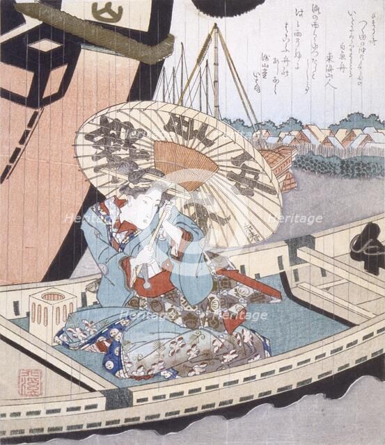 Beauty in a Boat during a Rainstorm, c1804. Creator: Totoya Hokkei.