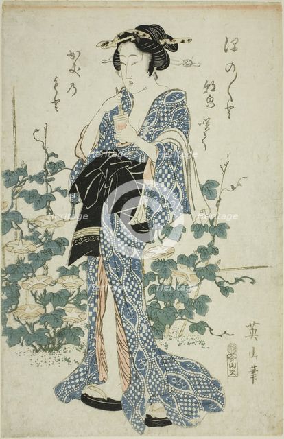 Beauty standing beside morning glories, Japan, c. 1814/17. Creator: Kikukawa Eizan.