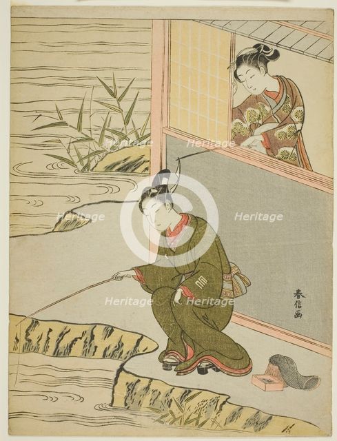Beauty Teasing a Young Man Fshing, c. 1768. Creator: Suzuki Harunobu.
