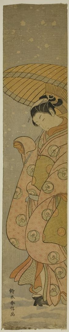 Beauty Under an Umbrella in the Snow, c. 1770. Creator: Suzuki Harunobu