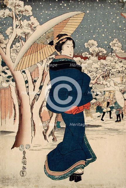 Beauty Walking on a Snowy Day, 1854. Creator: Utagawa Kunisada.