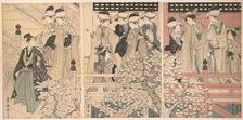 Beauties on a Veranda among Cherry Blossoms from which a Samurai is Departing, ca. 1800. Creator: Utagawa Toyokuni I