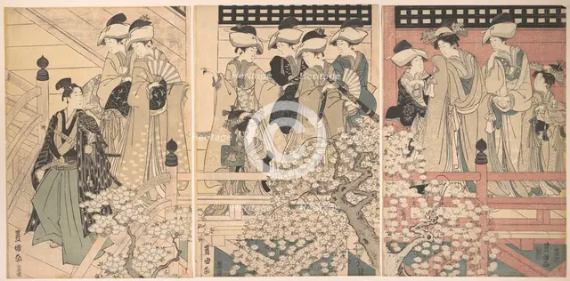 Beauties on a Veranda among Cherry Blossoms from which a Samurai is Departing, ca. 1800. Creator: Utagawa Toyokuni I.