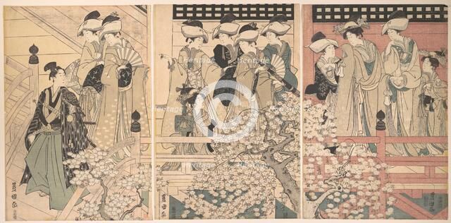 Beauties on a Veranda among Cherry Blossoms from which a Samurai is Departing, ca. 1800. Creator: Utagawa Toyokuni I.