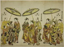 Beauties of the Three Capitals: Shimabara in Kyoto (right), Yoshiwara in Edo (center)..., c. 1755. Creator: Torii Kiyohiro