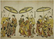 Beauties of the Three Capitals: Shimabara in Kyoto (right), Yoshiwara in Edo (center)..., c. 1755. Creator: Torii Kiyohiro