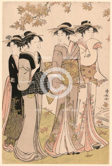 Beauties Under a Maple Tree, from the series "A Collection of Contemporary Beauties of...,c. 1784. Creator: Torii Kiyonaga.