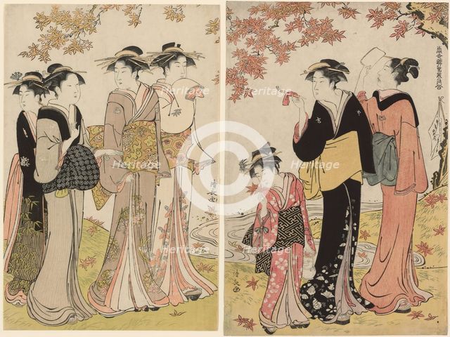 Beauties Under a Maple Tree, from the series "A Collection of Contemporary Beauties of..., c. 1784. Creator: Torii Kiyonaga.