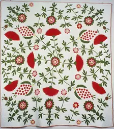 Bedcover (Cockscomb, Rose Tree and Pineapple Quilt), United States, c. 1840. Creator: Unknown