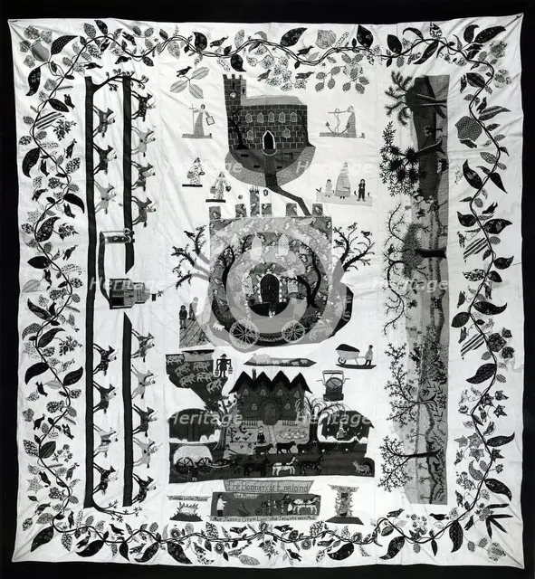 Bedspread (Scenes of English Country Life), England, c. 1830. Creator: Unknown.