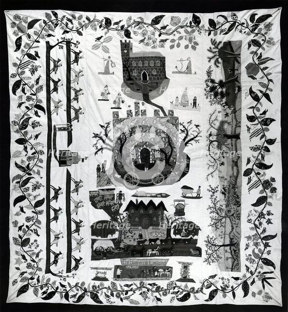 Bedspread (Scenes of English Country Life), England, c. 1830. Creator: Unknown.