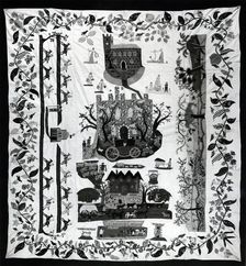 Bedspread (Scenes of English Country Life), England, c. 1830. Creator: Unknown