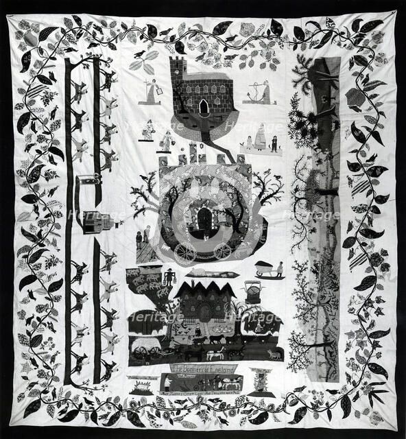 Bedspread (Scenes of English Country Life), England, c. 1830. Creator: Unknown.