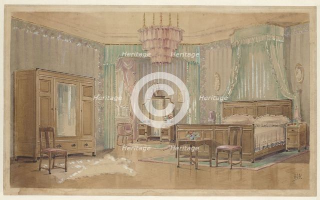 Bedroom with oval portraits, c.1925. Creator: Monogrammist HK.