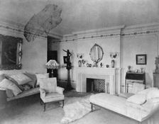 Bedroom with fireplace, padded chaise longue, sofa, male nude..., Greenwich, Connecticut, 1908. Creator: Frances Benjamin Johnston