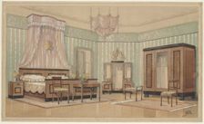 Bedroom with light crown in bed sky, c.1925. Creator: Monogrammist HK