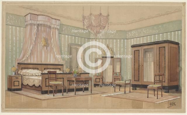 Bedroom with light crown in bed sky, c.1925. Creator: Monogrammist HK.