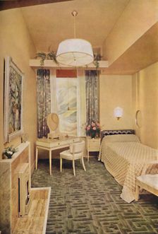 Bedroom designed by Esmé Gordon, A.R.I.B.A., A.R.I.A.S., with Greek key design W Wilton Carpet by J