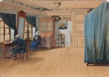 Bedroom Interior. Count Yegor Frantsevich Kankrin (1774-1845) at his desk, 1820s. Artist: Anonymous