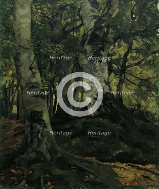 Beech forest with lovers, 1876. Creator: Wilhelm Trübner.