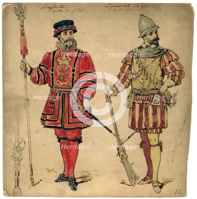 Beefeater and Spanish soldier, 19th century.Artist: Lucien Besche