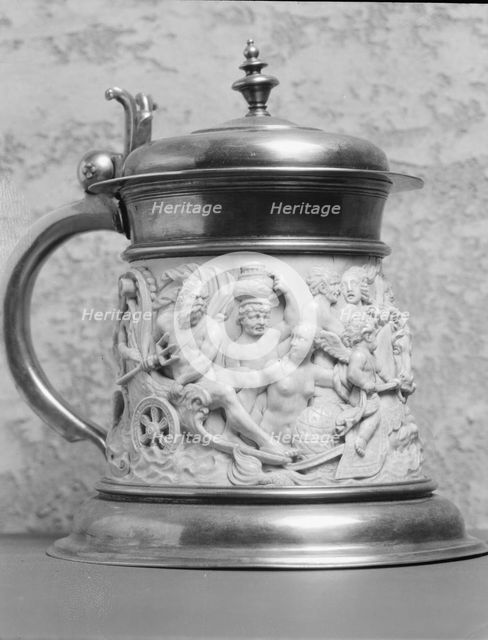 Beer stein decorated with relief carvings of mythological figures, 1923 Creator: Arnold Genthe.
