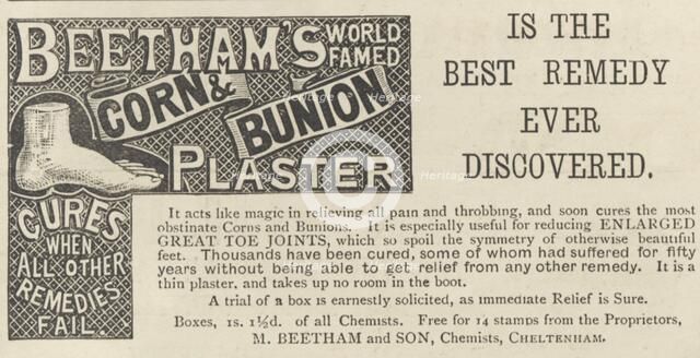 Beetham's Corn and Bunion plasters, 1893. Artist: Unknown