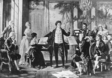 Beethoven and the Rasumovsky Quartet: Ludwig van Beethoven conducting a chamber music piece, c 1880. Creator: Borckmann, August (1827-1890)