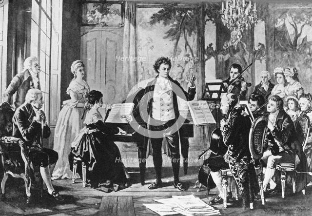 Beethoven and the Rasumovsky Quartet: Ludwig van Beethoven conducting a chamber music piece, c 1880. Creator: Borckmann, August (1827-1890).