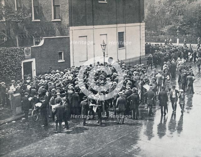 Before England declared war: German Reservists waiting outside German Consulate in London, 1914. Artist: Unknown