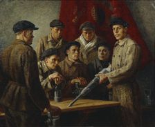 Before shift work. Stakhanov Brigade, 1937. Creator: Ryazhsky, Georgi Georgievich (1895-1952)