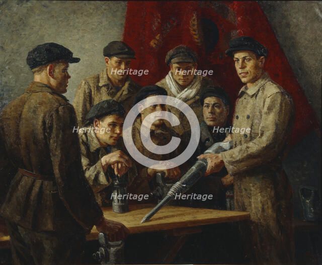 Before shift work. Stakhanov Brigade, 1937. Creator: Ryazhsky, Georgi Georgievich (1895-1952).