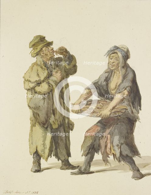 Beggar buying a fish from a ragged fishwife, c1834. Creator: C. H. Meyer.