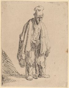 Beggar in a High Cap, Standing and Leaning on a Stick, c. 1630. Creator: Rembrandt Harmensz van Rijn
