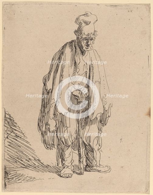 Beggar in a High Cap, Standing and Leaning on a Stick, c. 1630. Creator: Rembrandt Harmensz van Rijn.