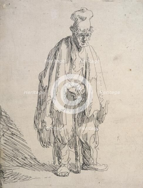 Beggar in a high cap, standing and leaning on a stick, c.1629. Creator: Rembrandt Harmensz van Rijn.