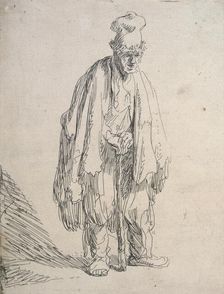 Beggar in a high cap, standing and leaning on a stick, c.1629. Creator: Rembrandt Harmensz van Rijn