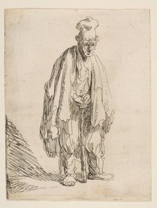 Beggar in a High Cap, Standing and Leaning on a Stick, ca. 1629. Creator: Rembrandt Harmensz van Rijn