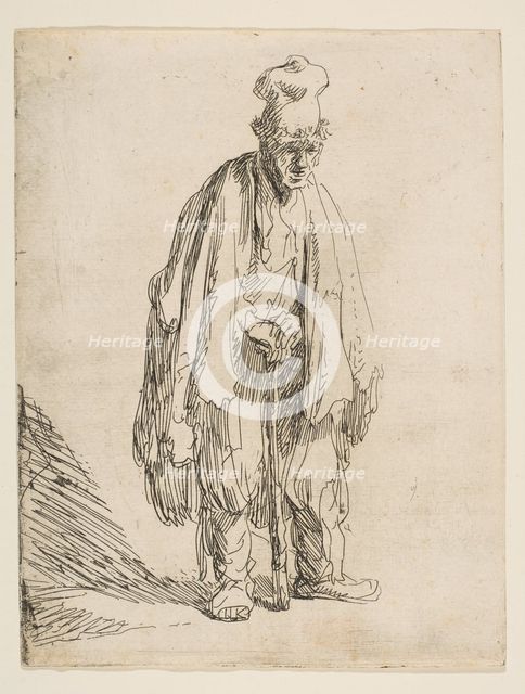 Beggar in a High Cap, Standing and Leaning on a Stick, ca. 1629. Creator: Rembrandt Harmensz van Rijn.