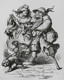 Beggar playing the fiddle, his wife accompanying him with bones, 17th-century (1878). Creator: Unknown