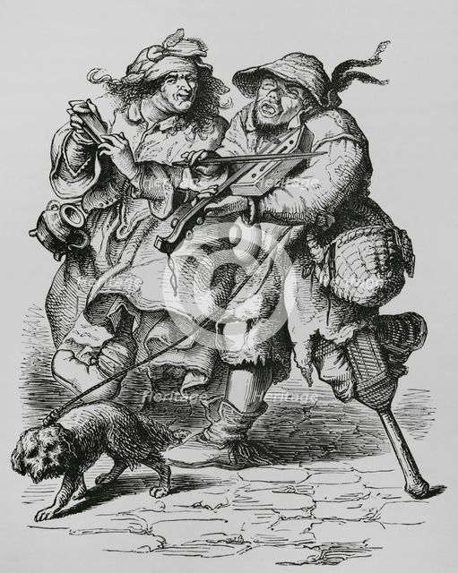 Beggar playing the fiddle, his wife accompanying him with bones, 17th-century (1878). Creator: Unknown.