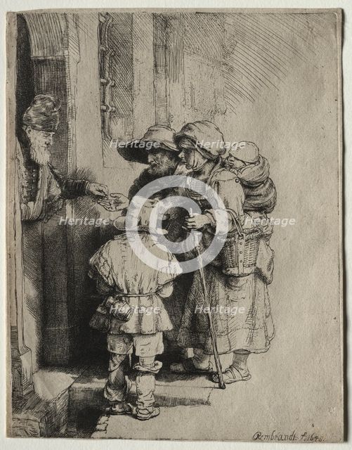 Beggars Receiving Alms at the Door of a House, 1648. Creator: Rembrandt van Rijn (Dutch, 1606-1669).